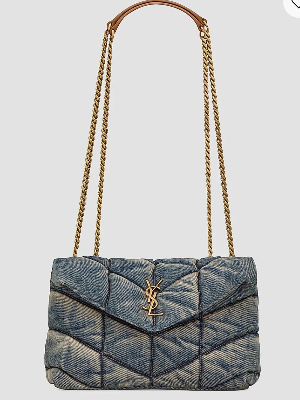 Saint Laurent Quilted Denim Shoulder Bag with Gold Chain